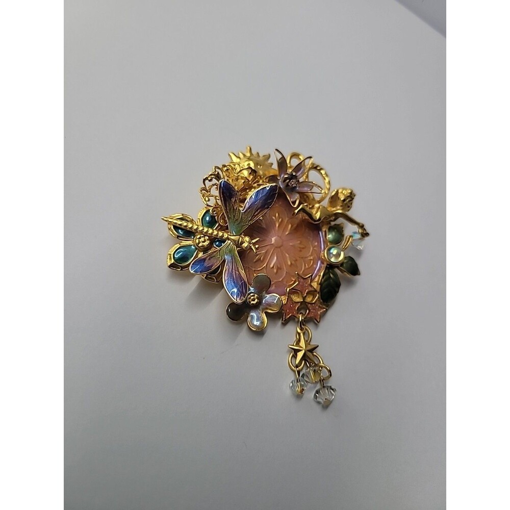 Vintage Kirks Folly Fairy Dragonfly Garden Brooch Iridescent Medallion Retired - Picture 7 of 16